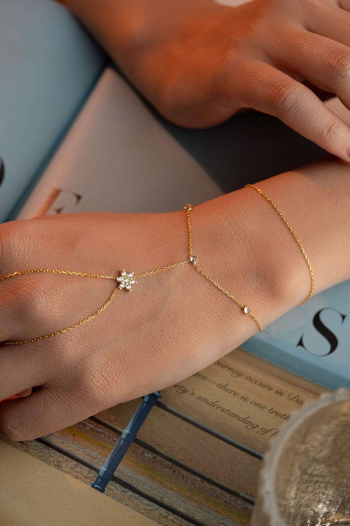 Gold Plated Flower Shahmaran Bracelet | Sterling Silver Zircon Hand Chain Gift for Her