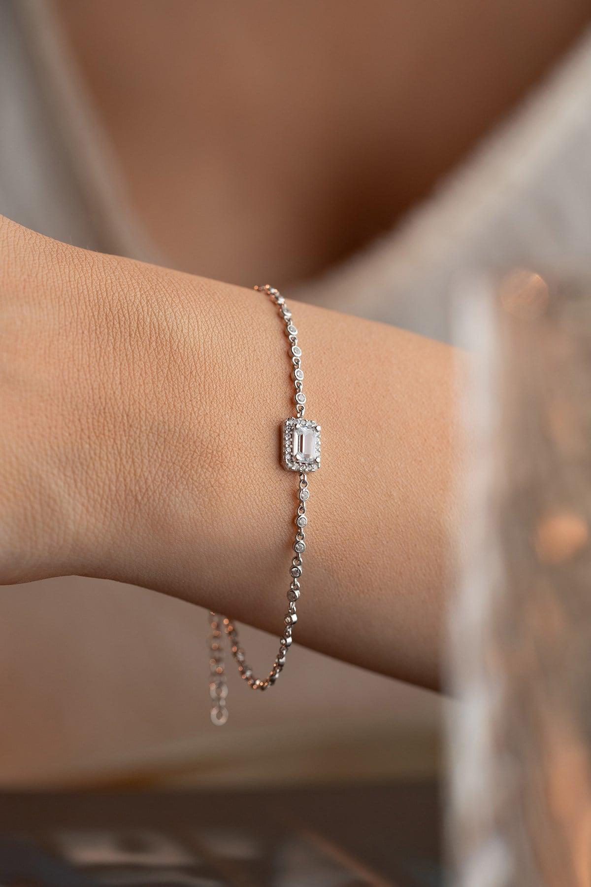 Sterling Silver Baguette Bracelet | Zircon Solitaire Chain Bracelet | Minimal Gift for Her