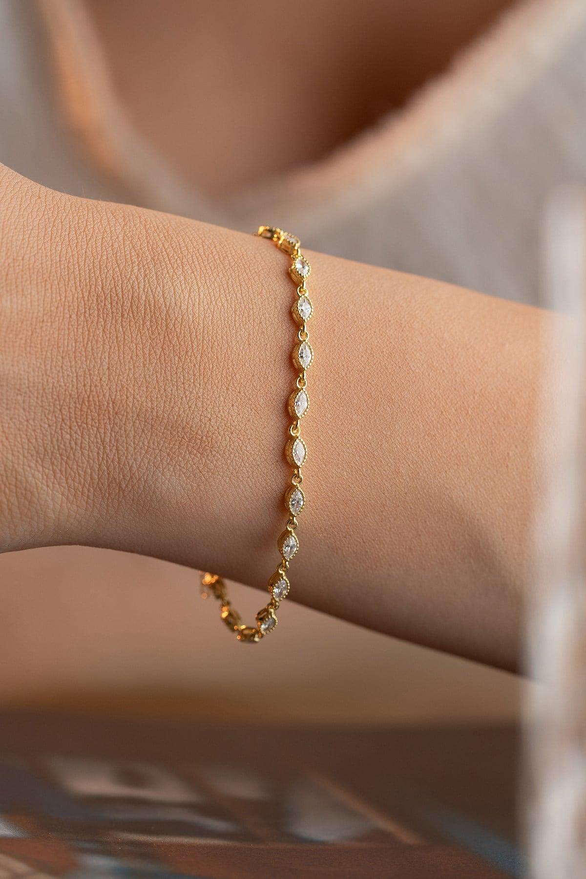 Gold Marquise Zircon Bracelet | Sterling Silver Dainty Chain Bracelet | Gift for Her