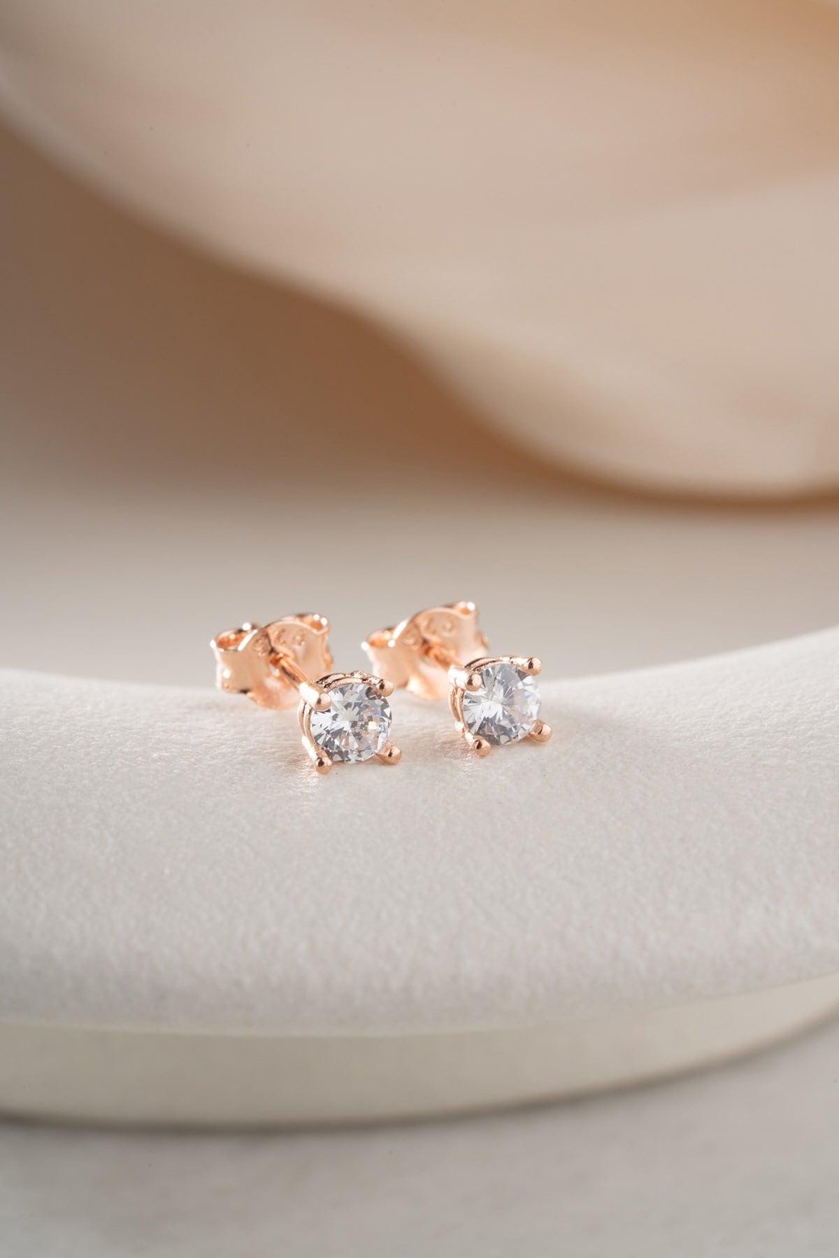 Sterling Silver Stud Earrings | Rose Gold CZ Solitaire | Minimal Dainty Jewelry | Gift for Her