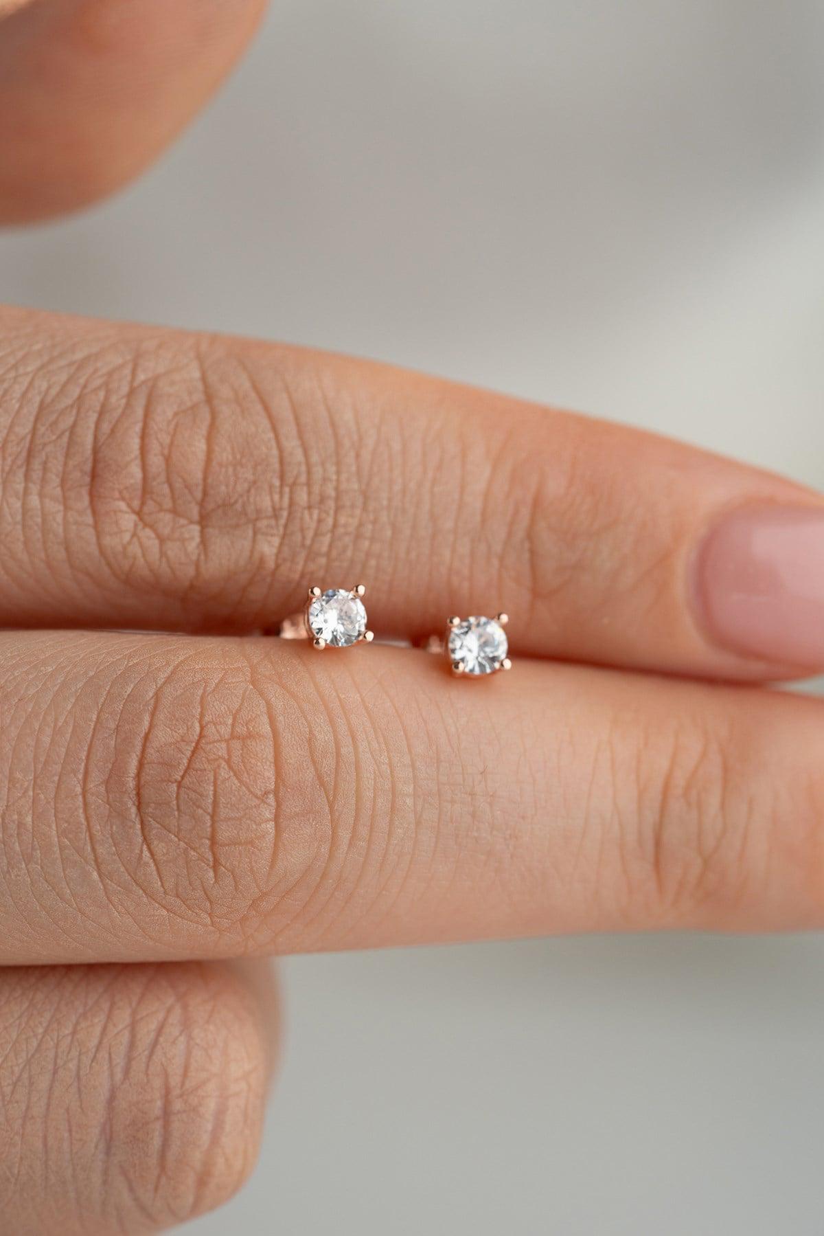 Sterling Silver Stud Earrings | Rose Gold CZ Solitaire | Minimal Dainty Jewelry | Gift for Her