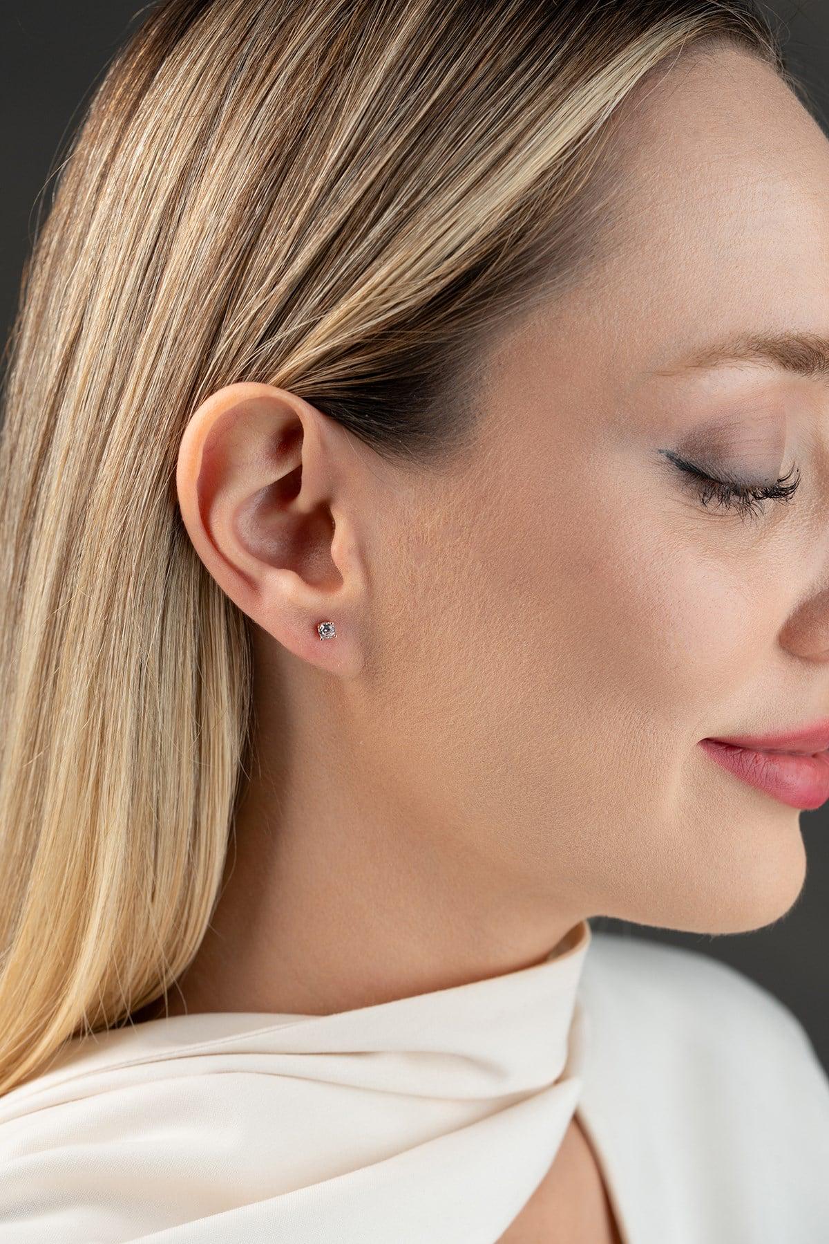 Sterling Silver Stud Earrings | Rose Gold CZ Solitaire | Minimal Dainty Jewelry | Gift for Her