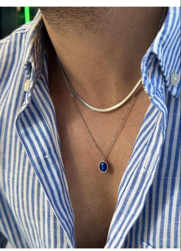 Mens Double Chain Necklace | Stainless Steel Italian Chain | Natural Stone Pendant Jewelry