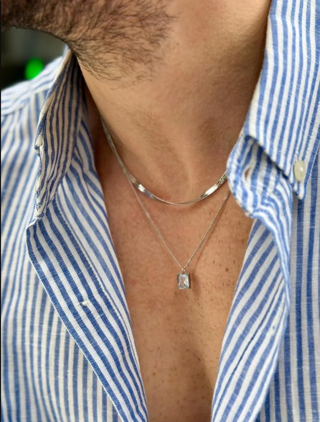 Mens Double Chain Necklace | Stainless Steel Italian Chain | Natural Stone Pendant Jewelry