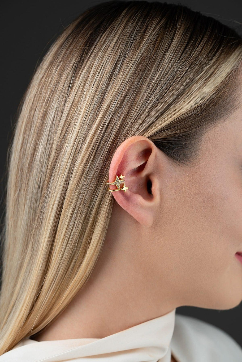 Gold Star Cartilage Earring | Sterling Silver Triple Star Zircon Ear Cuff Gift