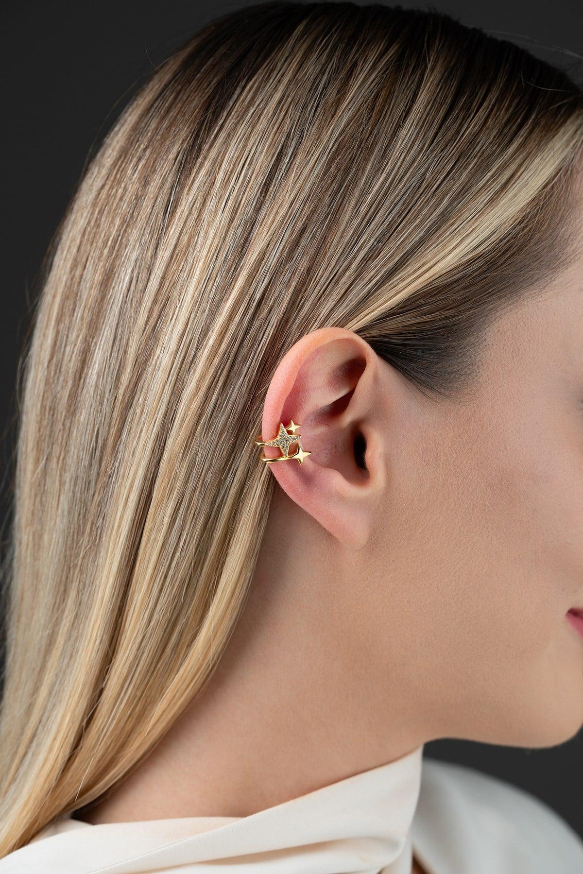 Gold Star Cartilage Earring | Sterling Silver Triple Star Zircon Ear Cuff Gift