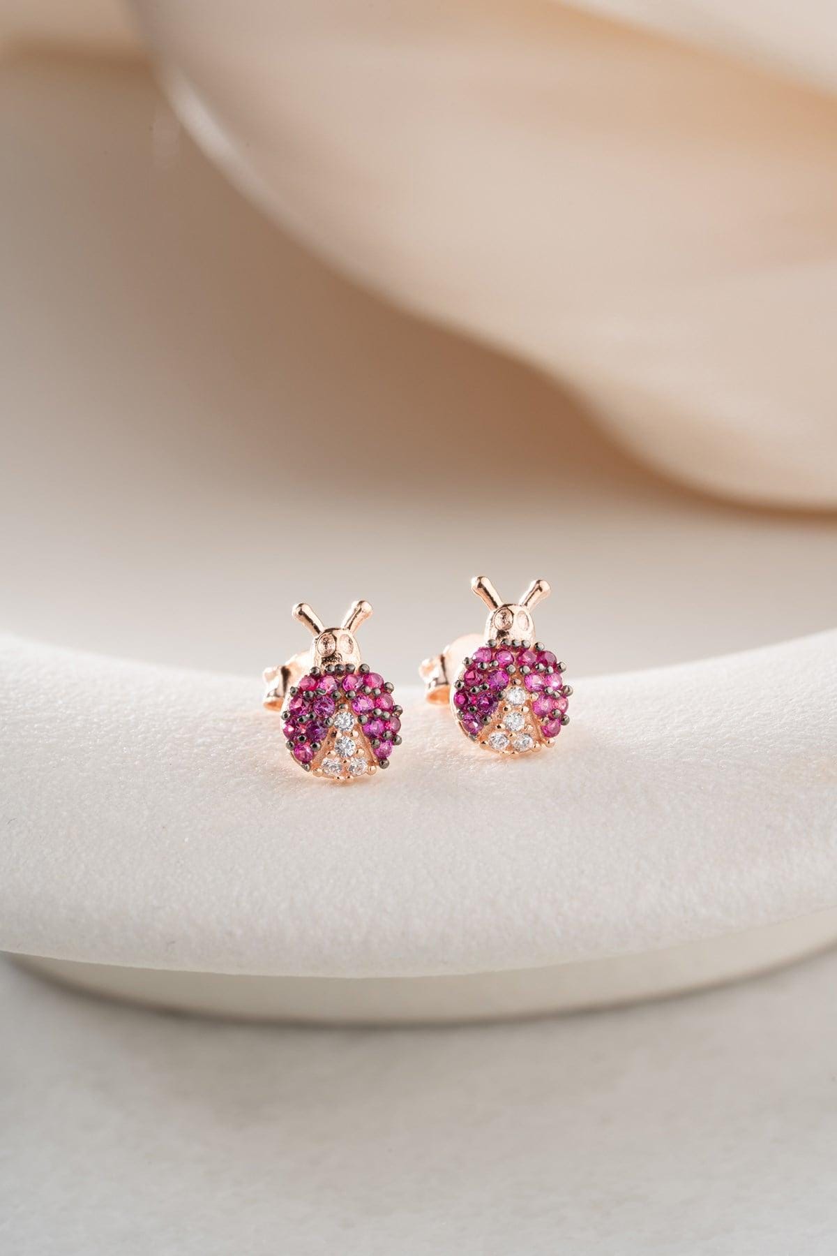 Rose Gold Ladybug Earrings | Pink Zircon Stud | Tiny Silver Bug Jewelry Gift