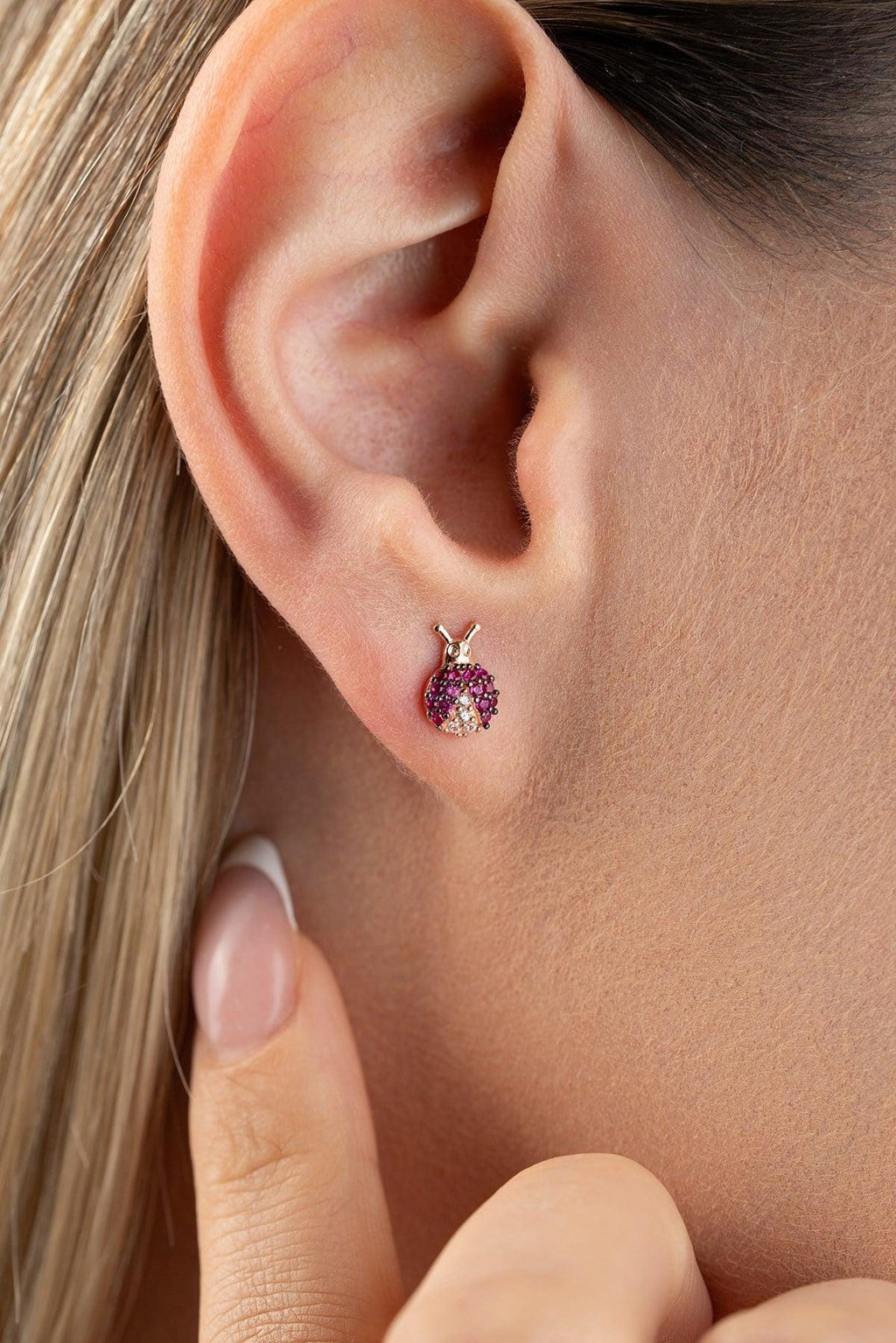 Rose Gold Ladybug Earrings | Pink Zircon Stud | Tiny Silver Bug Jewelry Gift