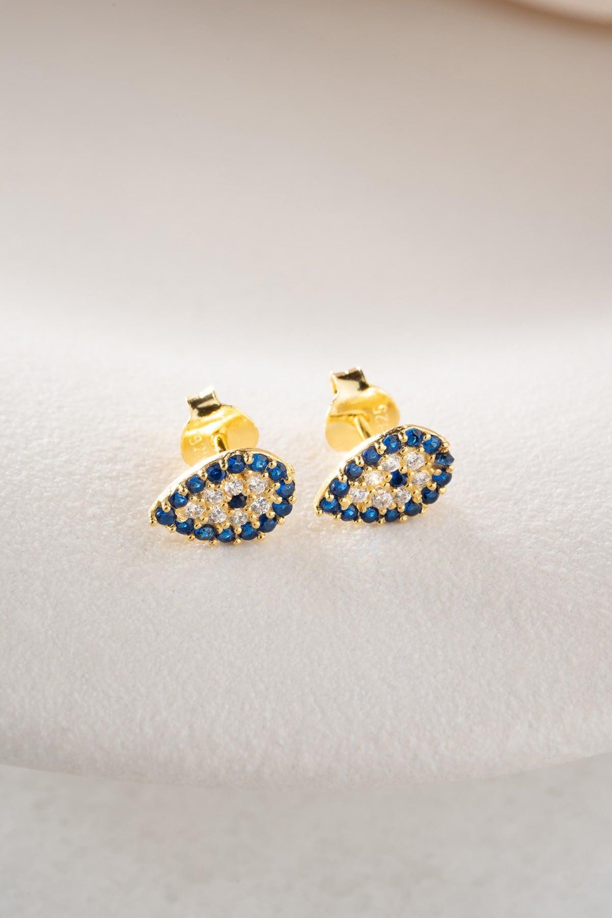 Gold plated Evil Eye Earrings | Tiny Nazar Stud | Dainty Silver Zircon Jewelry Gift