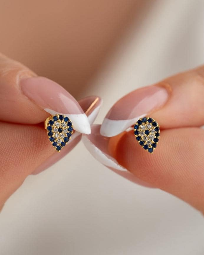 Gold plated Evil Eye Earrings | Tiny Nazar Stud | Dainty Silver Zircon Jewelry Gift