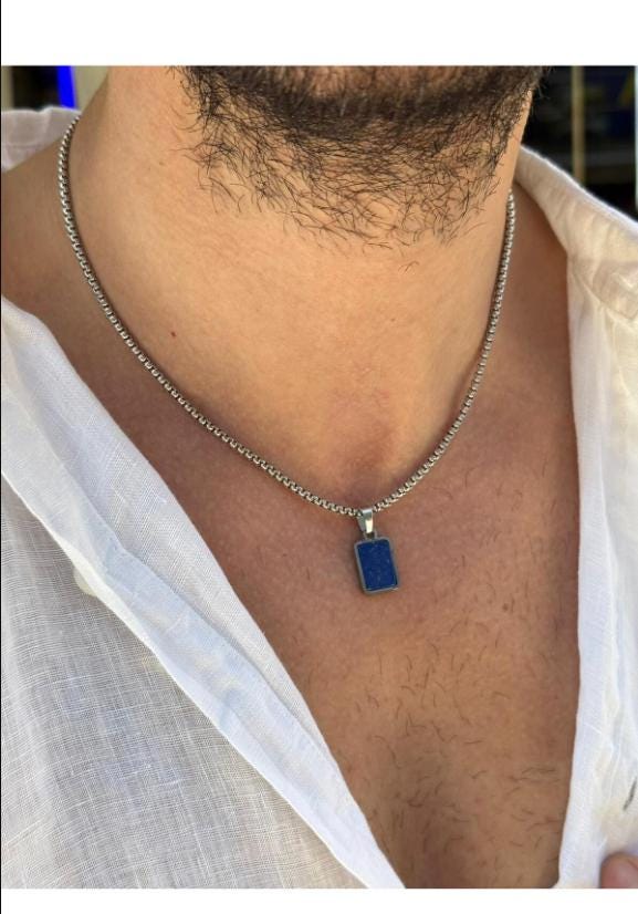 Mens  Pendant Necklace | Stainless Steel Box Chain | Minimal Stone Jewelry