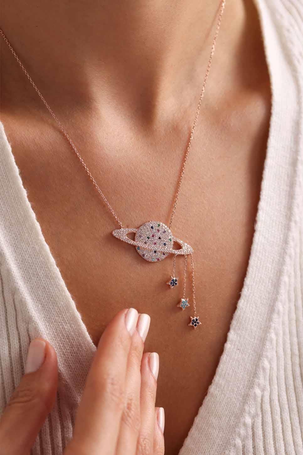 Rose Gold Planet Necklace | Sterling Silver Star Dangle Pendant | Celestial Jewelry Gift