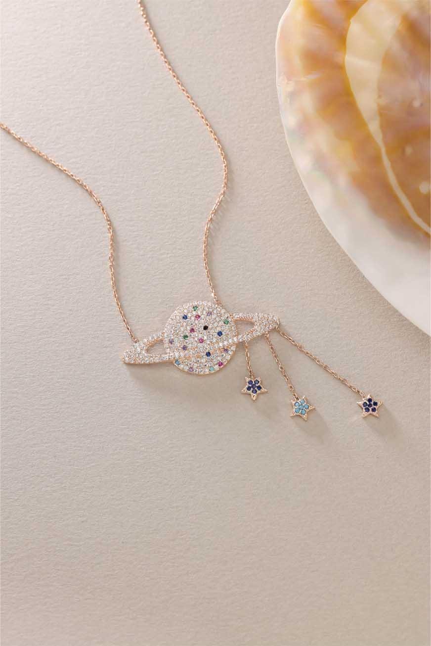 Rose Gold Planet Necklace | Sterling Silver Star Dangle Pendant | Celestial Jewelry Gift