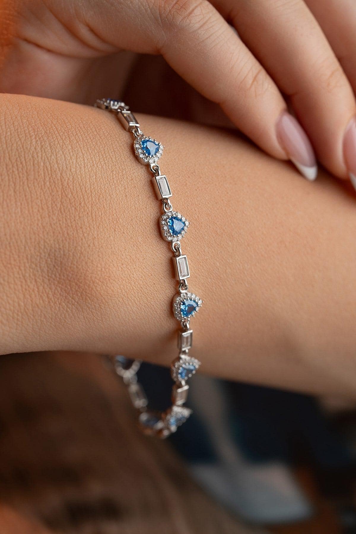 Aquamarine Heart Tennis Bracelet | Silver Zircon Bracelet | Dainty Jewelry Gift for Her