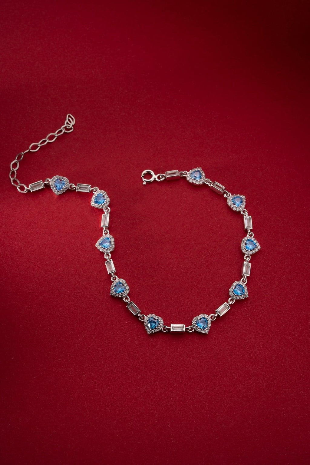 Aquamarine Heart Tennis Bracelet | Silver Zircon Bracelet | Dainty Jewelry Gift for Her