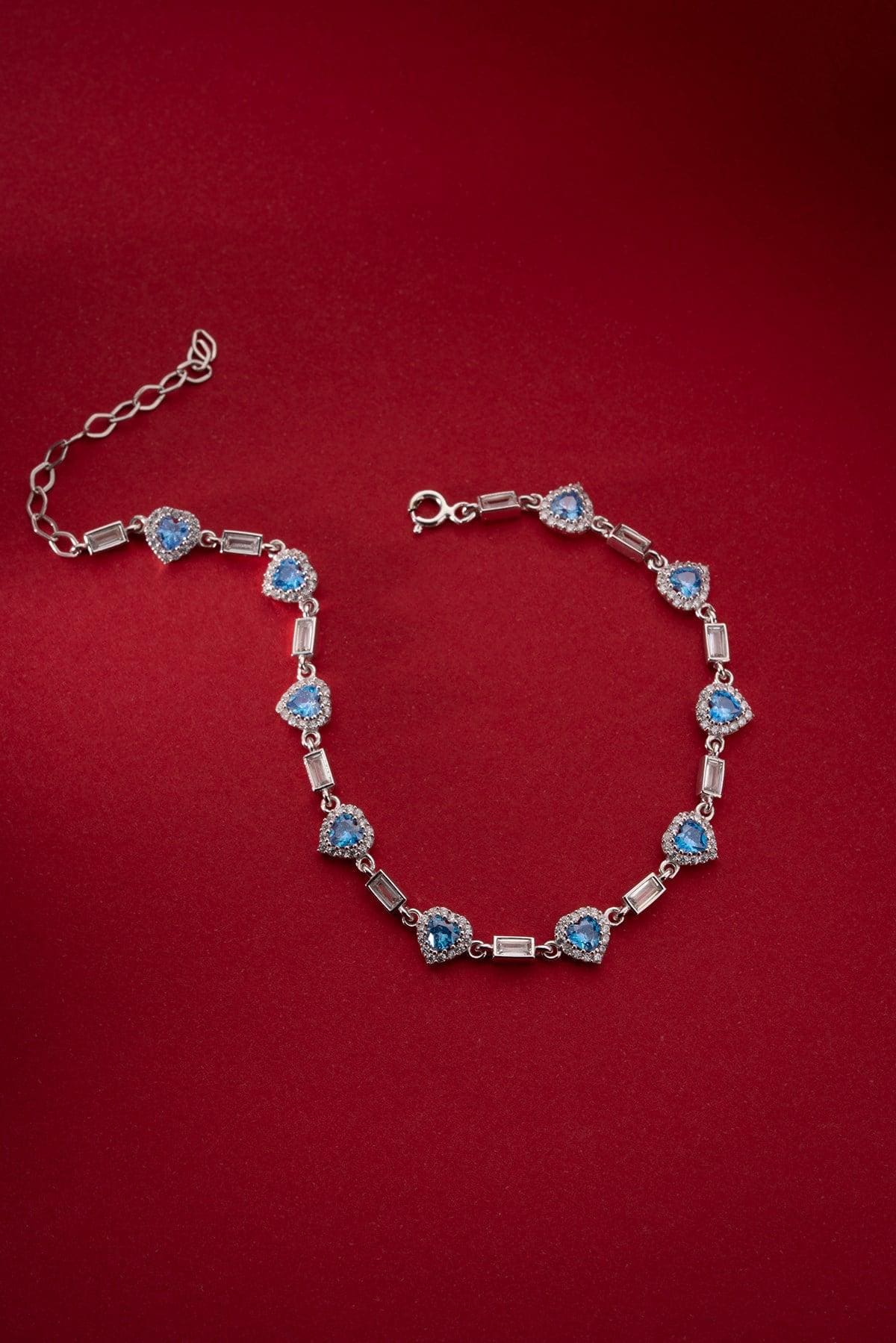 Aquamarine Heart Tennis Bracelet | Silver Zircon Bracelet | Dainty Jewelry Gift for Her