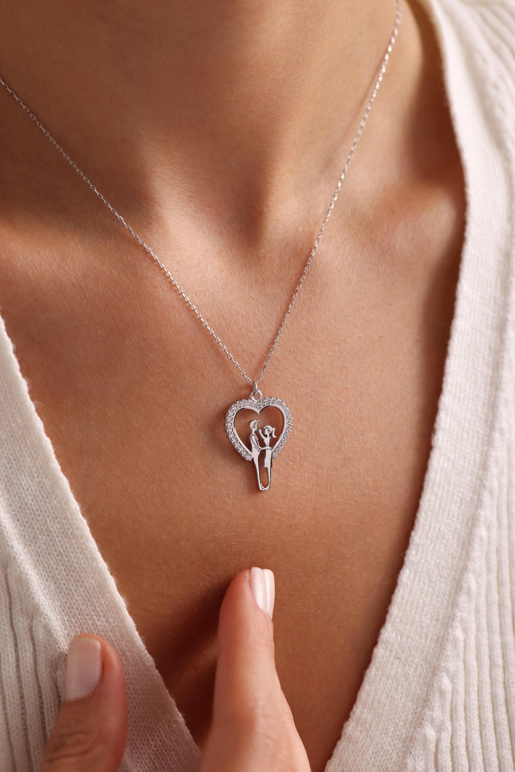 Sterling Silver Couple Heart Necklace | Dainty Romantic Jewelry | Gift for Her | Zircon Pendant