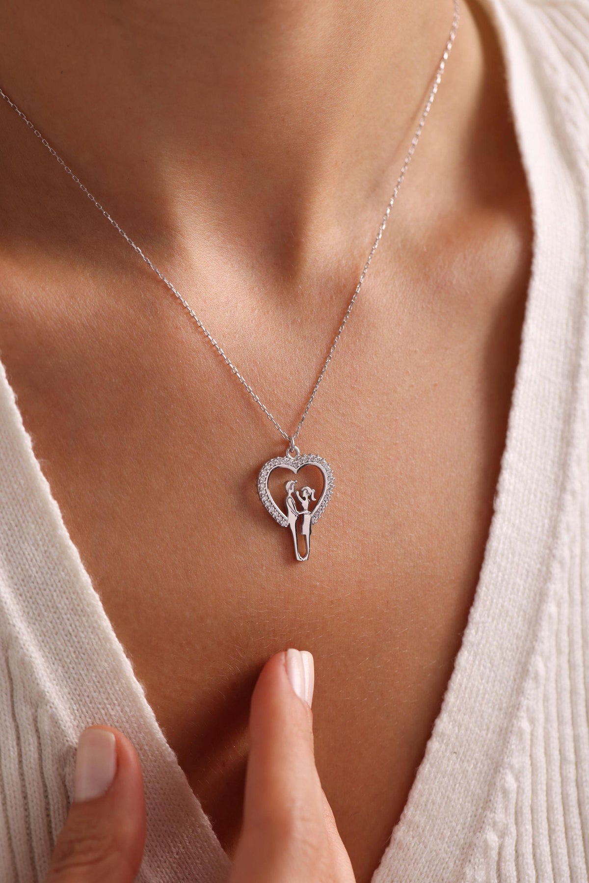 Sterling Silver Couple Heart Necklace | Dainty Romantic Jewelry | Gift for Her | Zircon Pendant