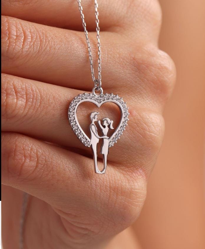 Sterling Silver Couple Heart Necklace | Dainty Romantic Jewelry | Gift for Her | Zircon Pendant
