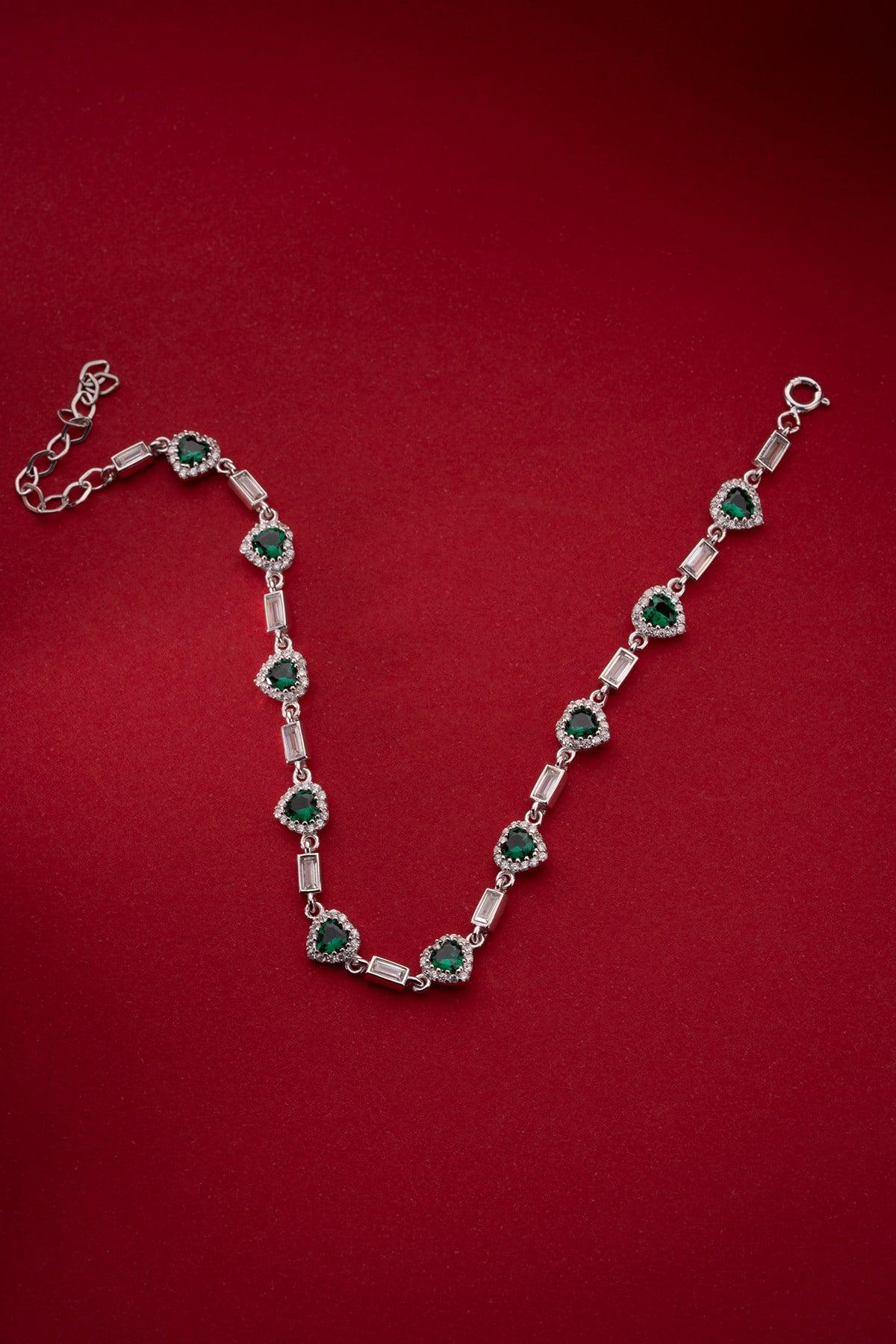 Green Heart Tennis Bracelet | Silver Zircon Bracelet | Dainty Jewelry Gift for Her