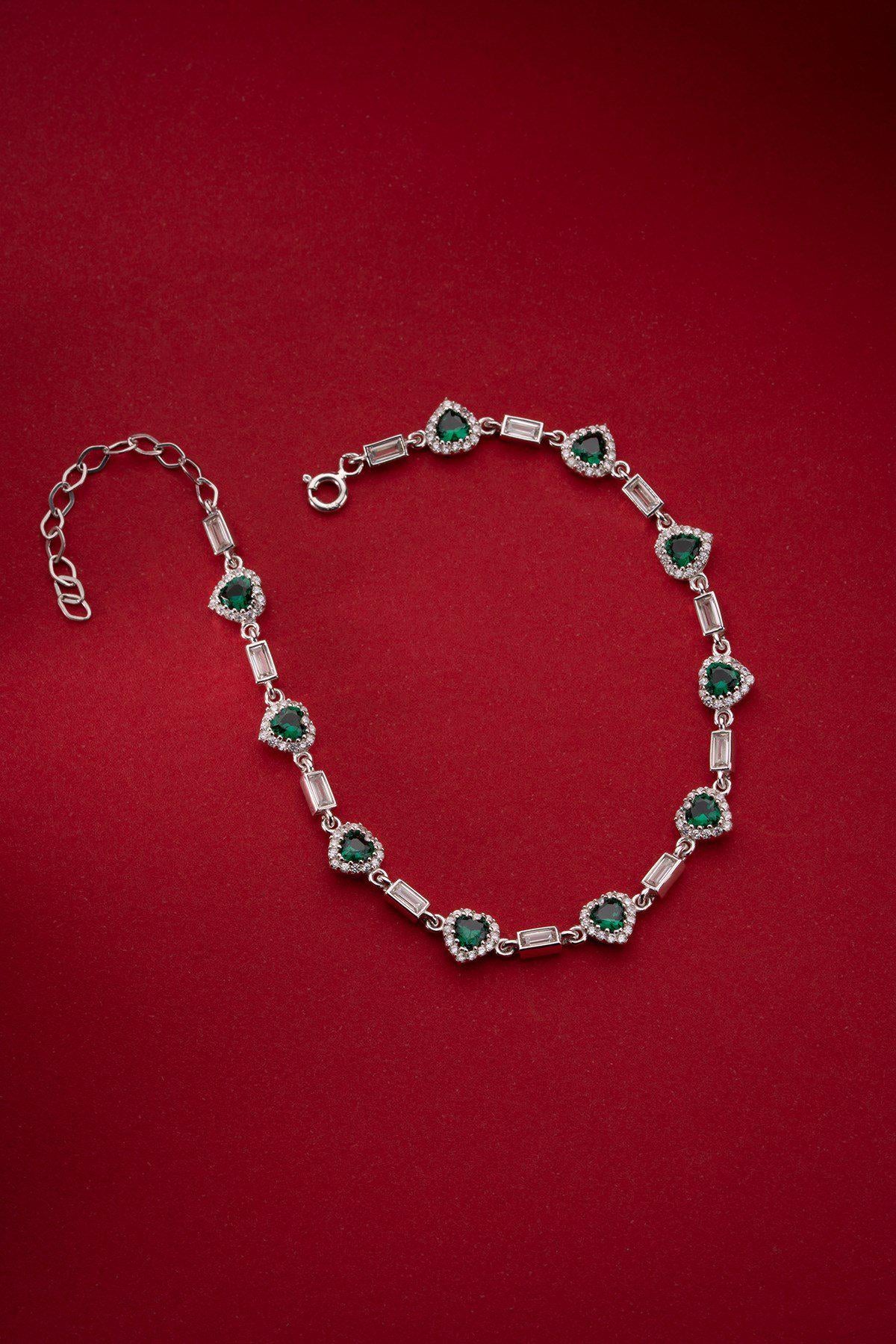 Green Heart Tennis Bracelet | Silver Zircon Bracelet | Dainty Jewelry Gift for Her