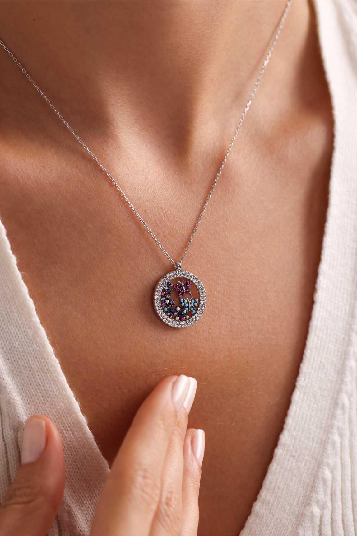 Sterling Silver Butterfly Necklace | Dainty Circle Jewelry | Colorful Zircon Pendant | Gift for Her