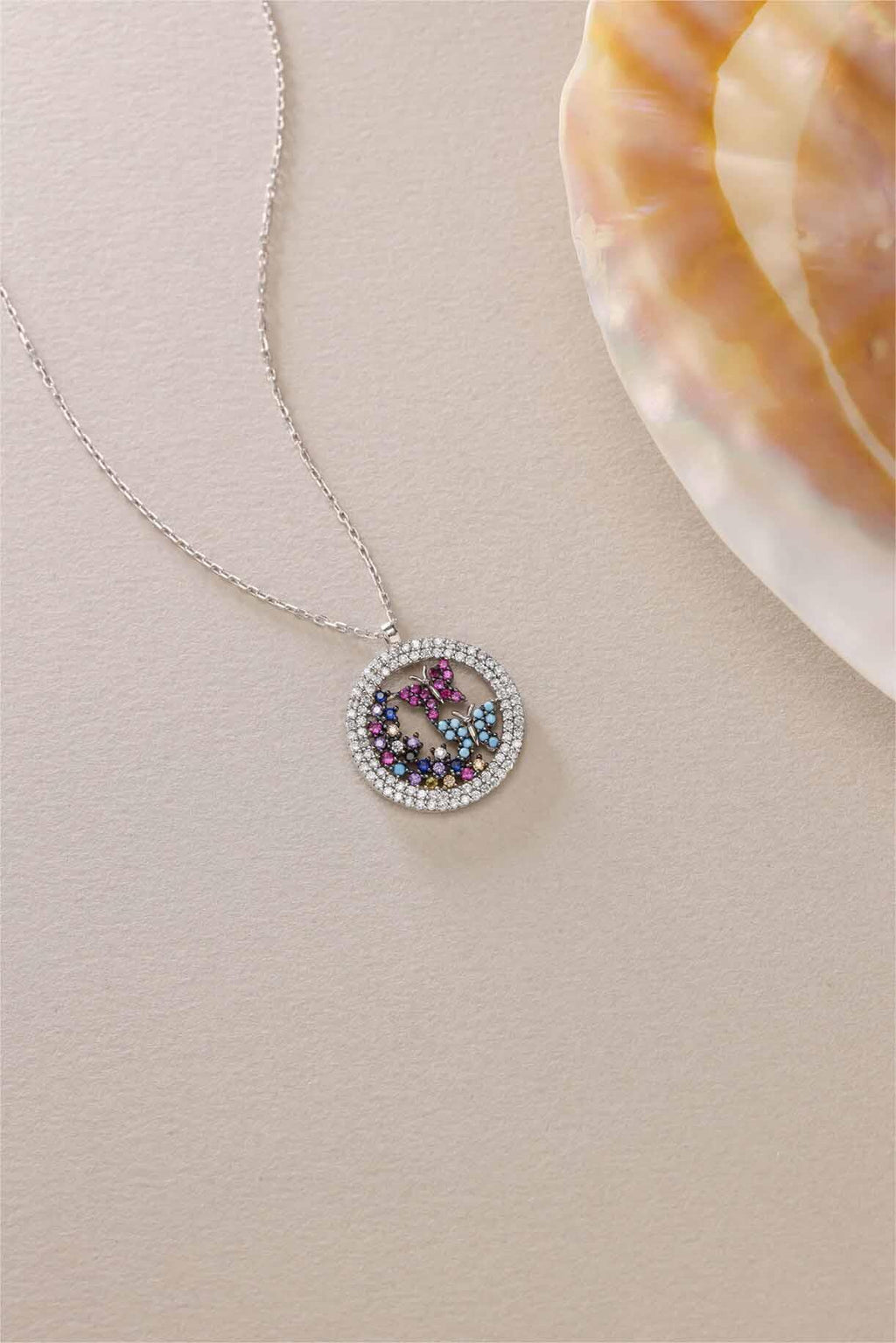 Sterling Silver Butterfly Necklace | Dainty Circle Jewelry | Colorful Zircon Pendant | Gift for Her