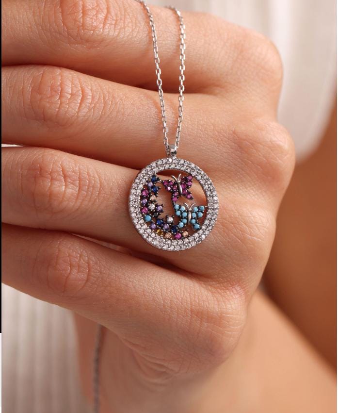 Sterling Silver Butterfly Necklace | Dainty Circle Jewelry | Colorful Zircon Pendant | Gift for Her