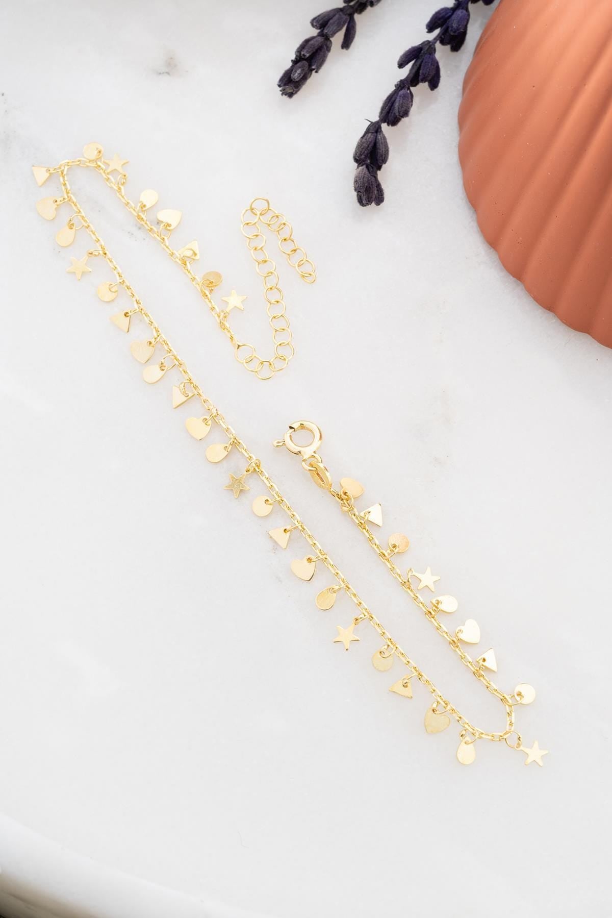 Gold plated Charm Anklet | Heart Star Drop Triangle | Dainty Silver Zircon Ankle Bracelet Gift