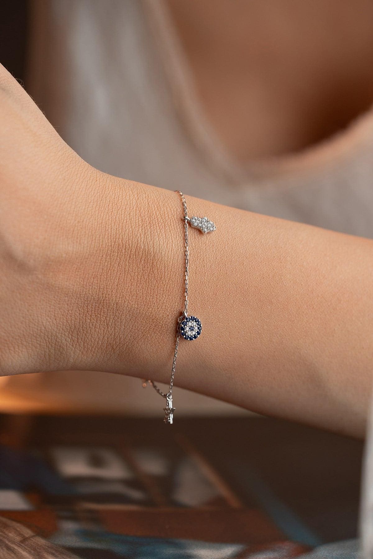 Sterling Silver Evil Eye Bracelet | Dainty Lucky Charm Jewelry | Minimal Zircon Bracelet | Gift for Her