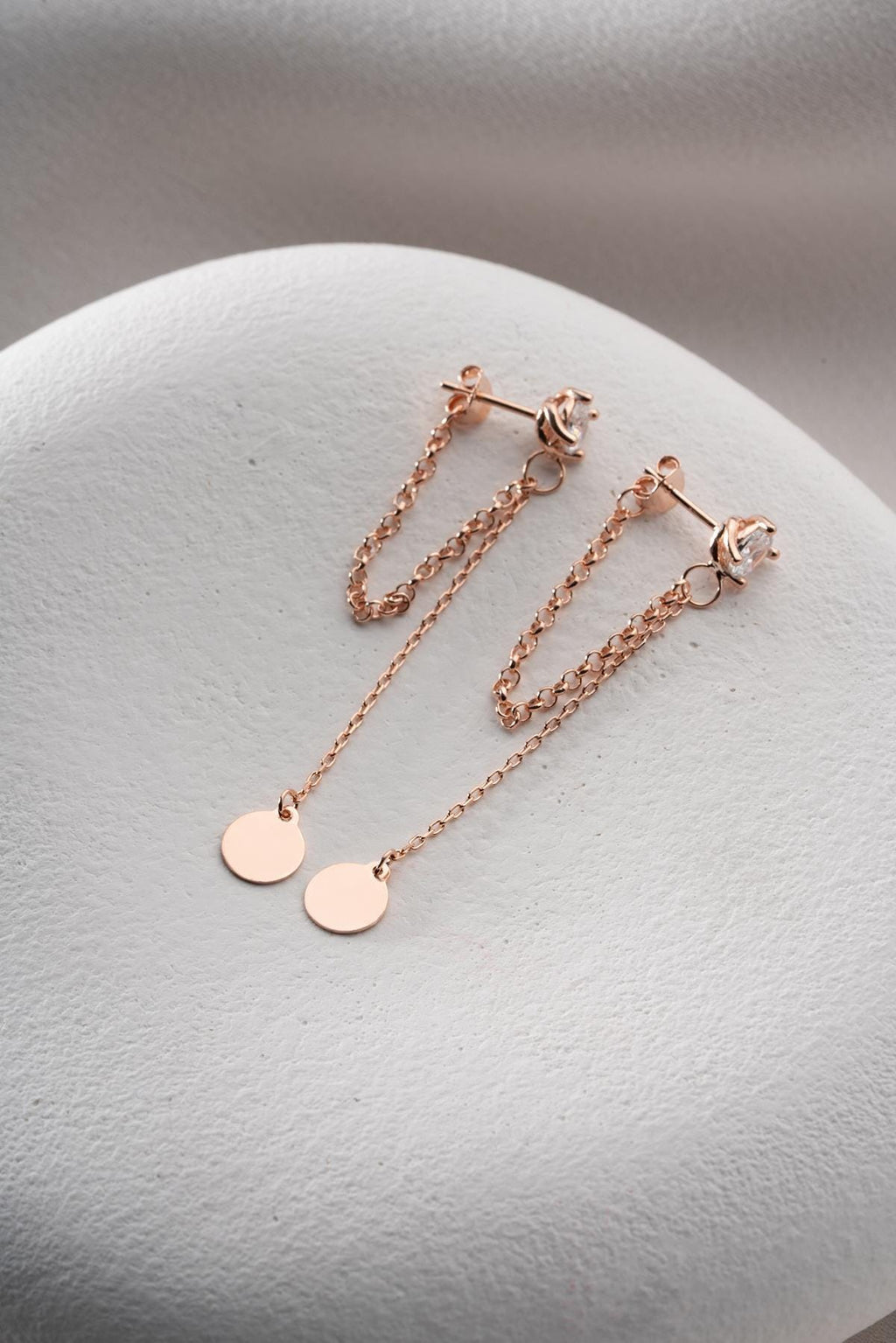 Rose Gold Solitaire Drop Earrings | Silver Chain Dangle Earrings | Dainty Jewelry Gift for Her