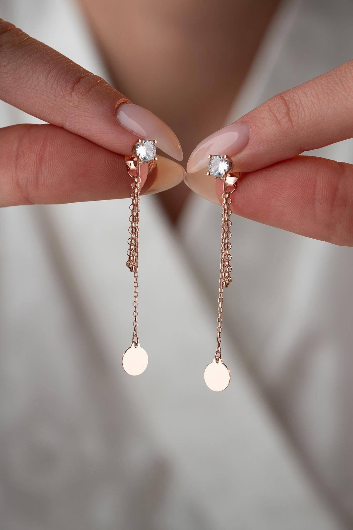 Rose Gold Solitaire Drop Earrings | Silver Chain Dangle Earrings | Dainty Jewelry Gift for Her