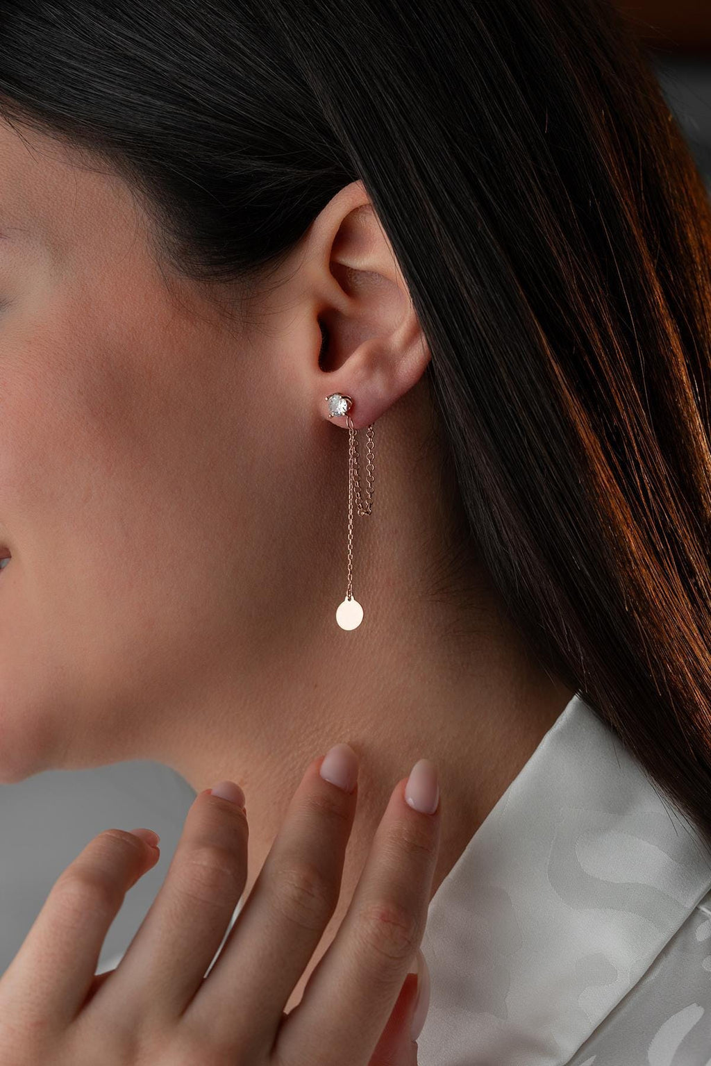 Rose Gold Solitaire Drop Earrings | Silver Chain Dangle Earrings | Dainty Jewelry Gift for Her