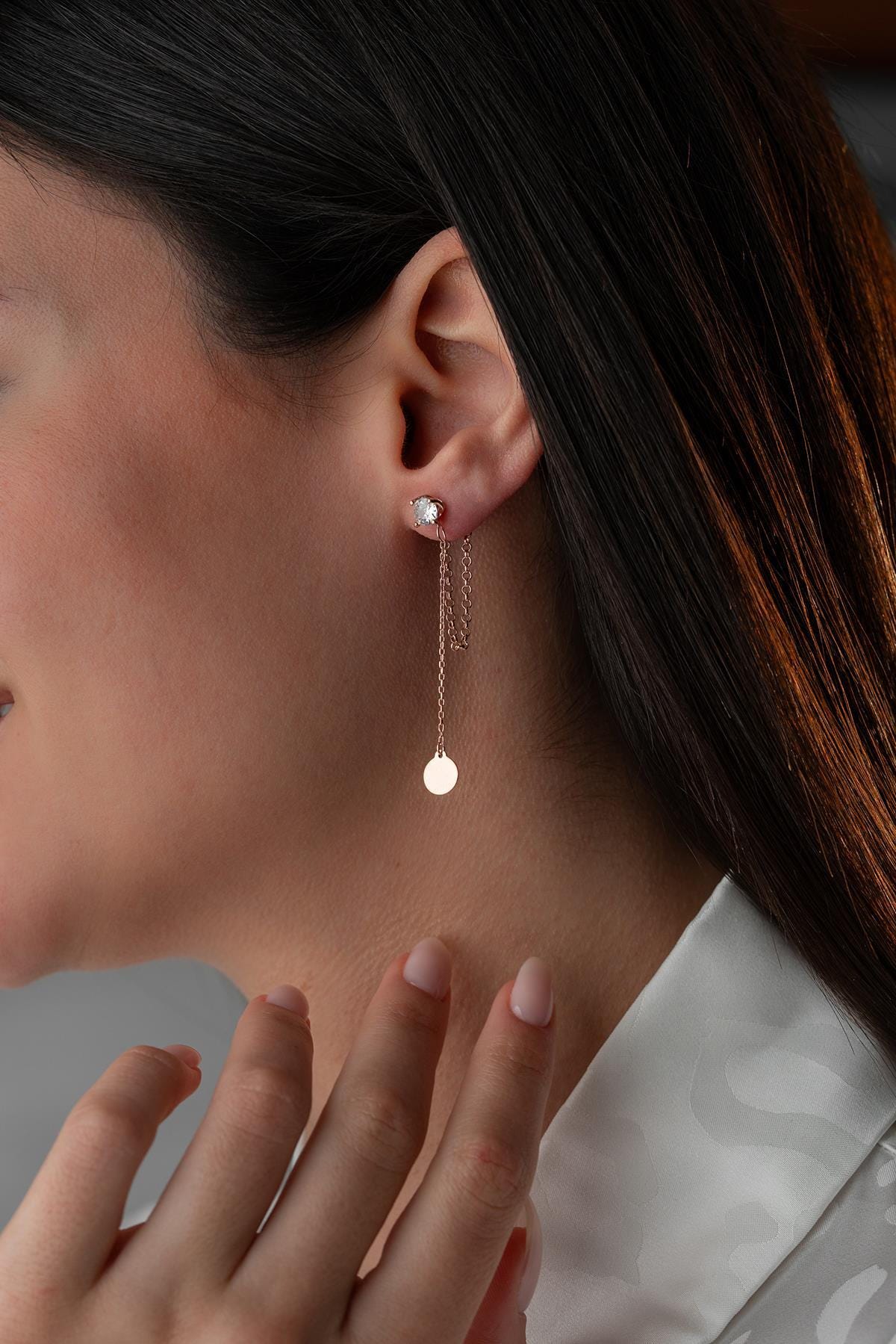 Rose Gold Solitaire Drop Earrings | Silver Chain Dangle Earrings | Dainty Jewelry Gift for Her