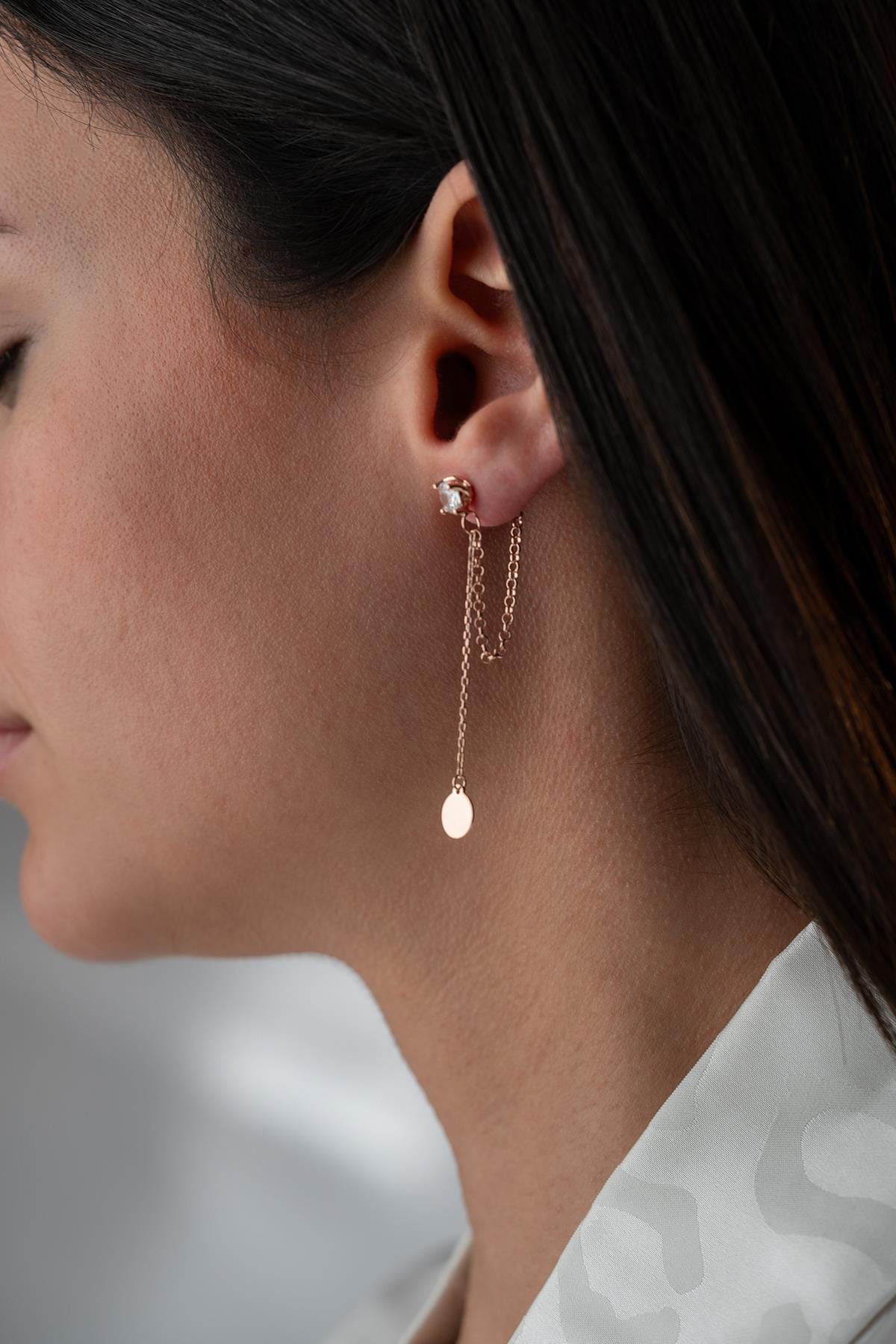 Rose Gold Solitaire Drop Earrings | Silver Chain Dangle Earrings | Dainty Jewelry Gift for Her