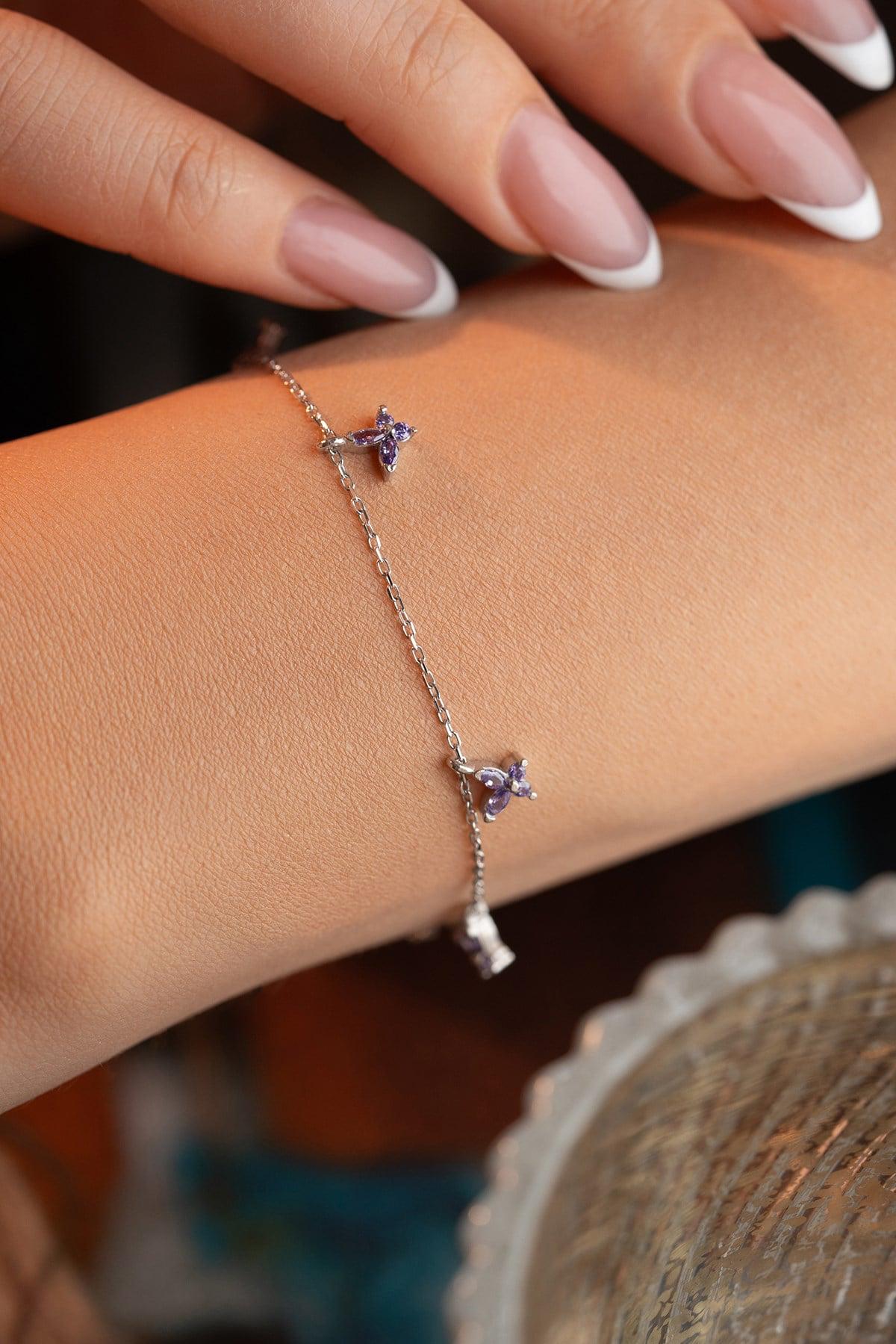 Sterling Silver Butterfly Bracelet | Dainty Purple Zircon Jewelry | Lucky Charm Bracelet | Gift for Her