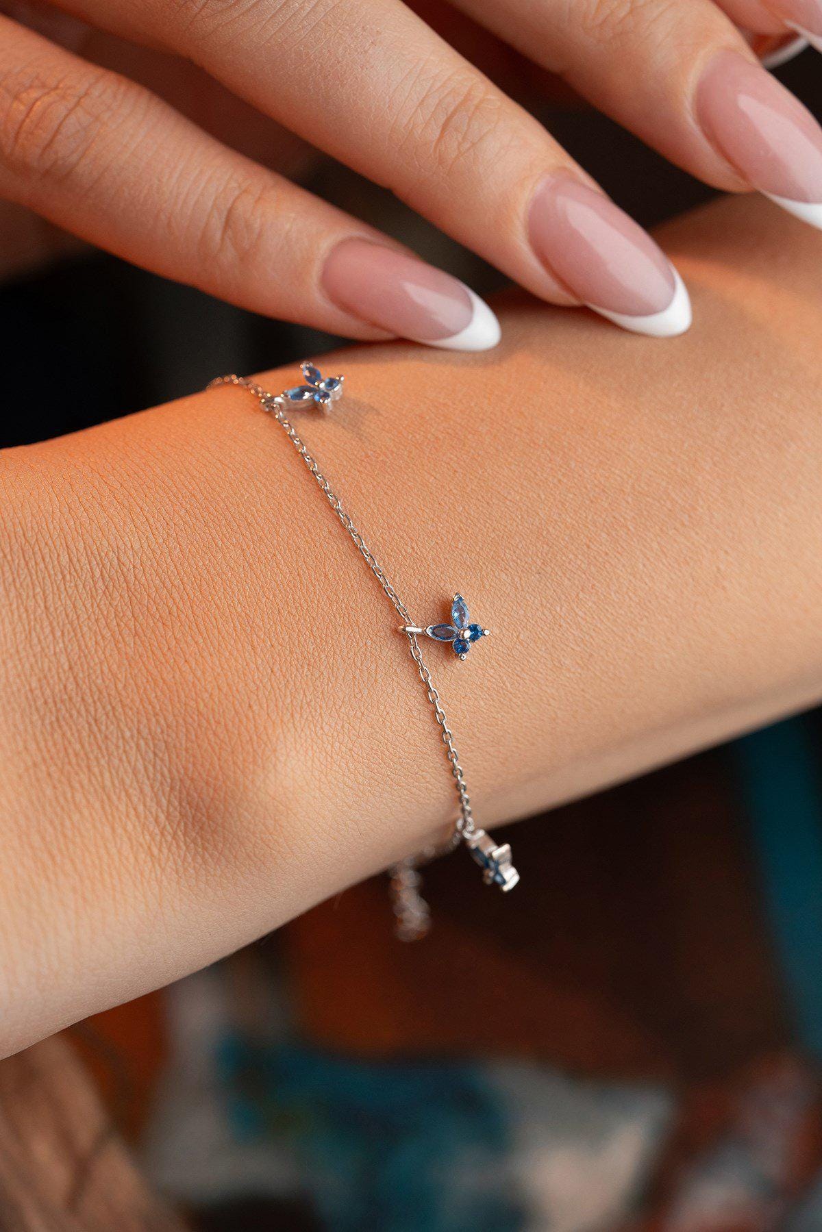 Aquamarine Butterfly Bracelet | Sterling Silver Dainty Jewelry | Lucky Charm Gift for Her