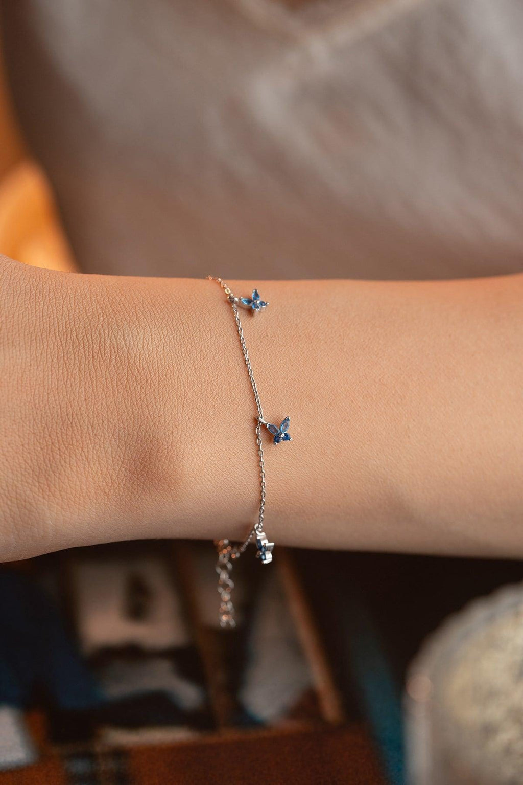 Aquamarine Butterfly Bracelet | Sterling Silver Dainty Jewelry | Lucky Charm Gift for Her