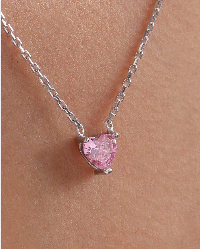 Pink Heart Necklace | Sterling Silver Dainty Jewelry | Minimal Romantic Gift for Her