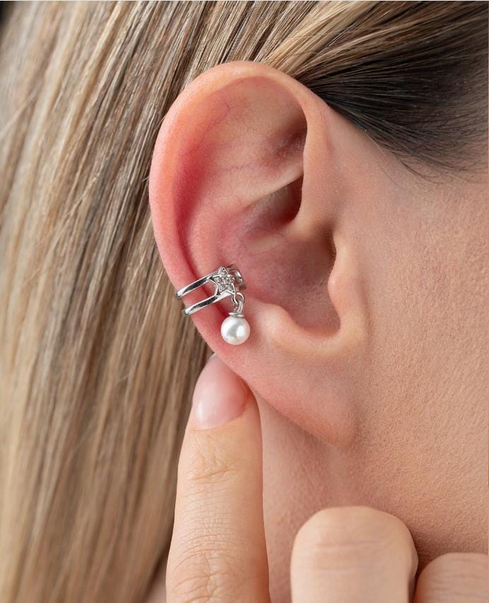 Sterling Silver Star Ear Cuff | Pearl Dainty Earring | No Piercing Jewelry | Gift for Her