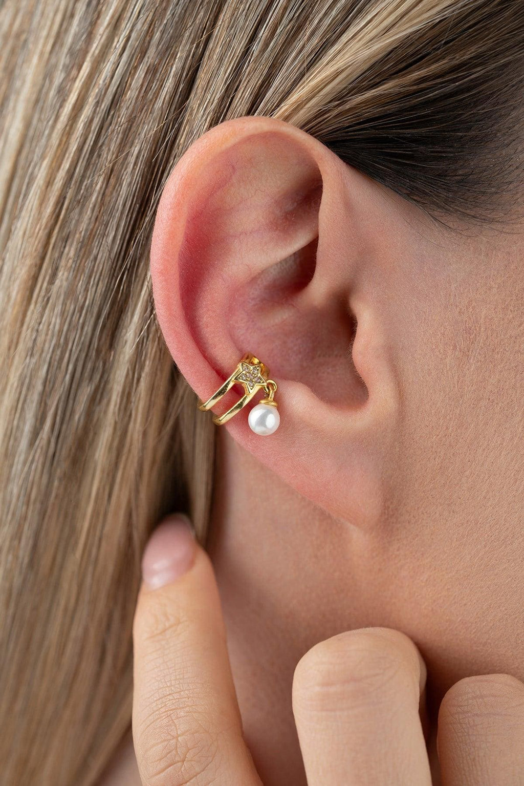 Sterling Silver Star Ear Cuff | Pearl Dainty Earring | Gold Plated Jewelry | Gift for Her
