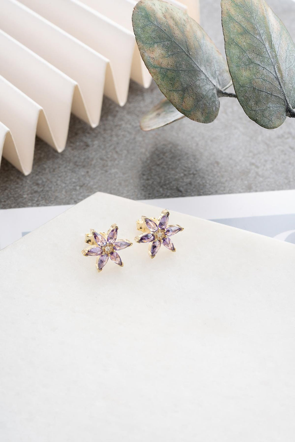 Lotus Flower Earrings Silver 925 | Purple Zircon Stud | Dainty Gold Jewelry | Gift for Her