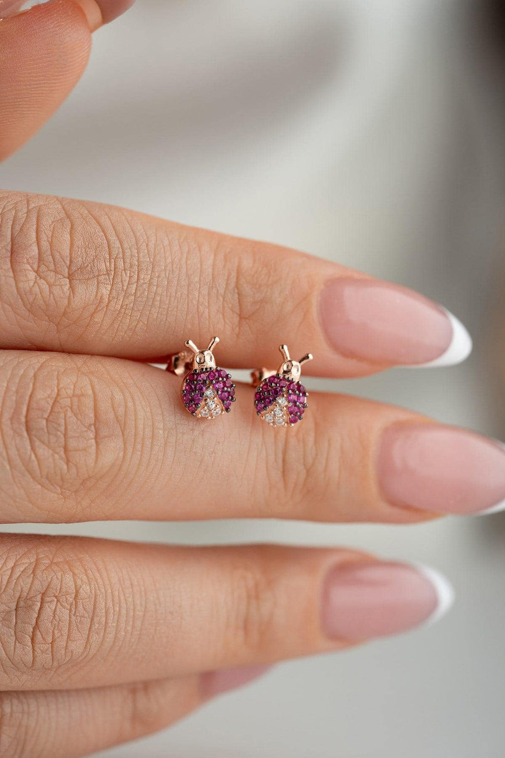 Rose Gold Ladybug Earrings | Pink Zircon Stud | Tiny Silver Bug Jewelry Gift