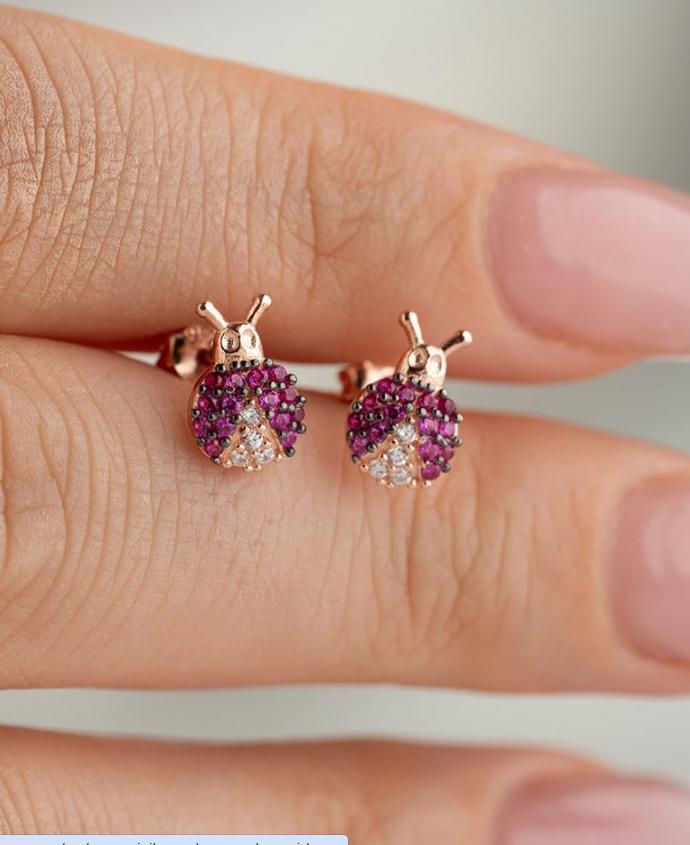 Rose Gold Ladybug Earrings | Pink Zircon Stud | Tiny Silver Bug Jewelry Gift