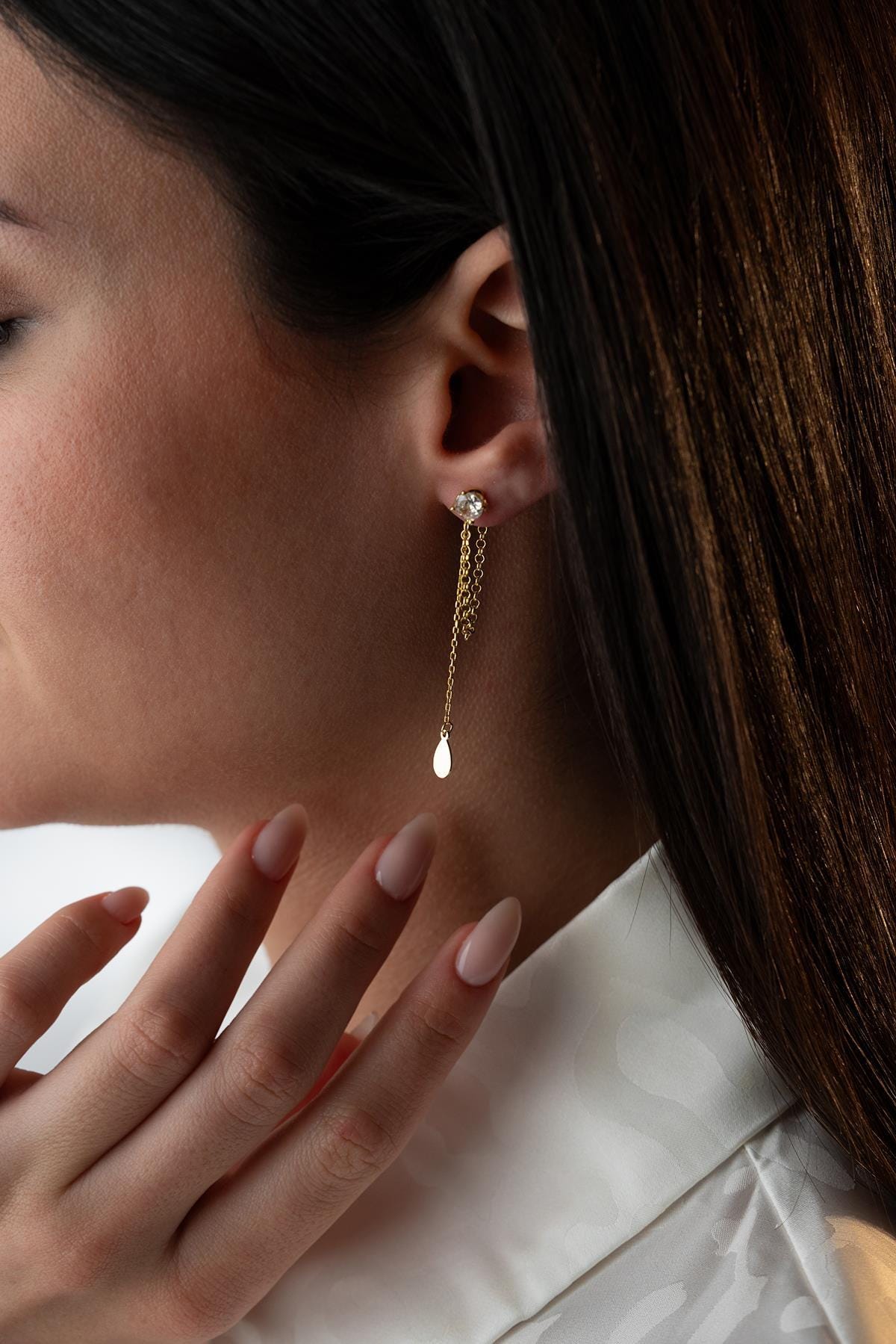 Solitaire Drop Earrings Silver 925 | Dainty Gold plate Chain Dangle | Minimal Zircon Jewelry | Gift