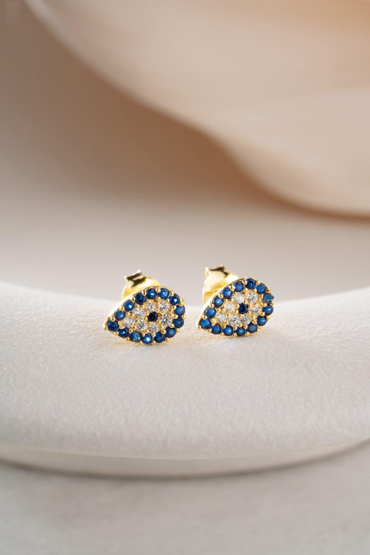 Gold plated Evil Eye Earrings | Tiny Nazar Stud | Dainty Silver Zircon Jewelry Gift