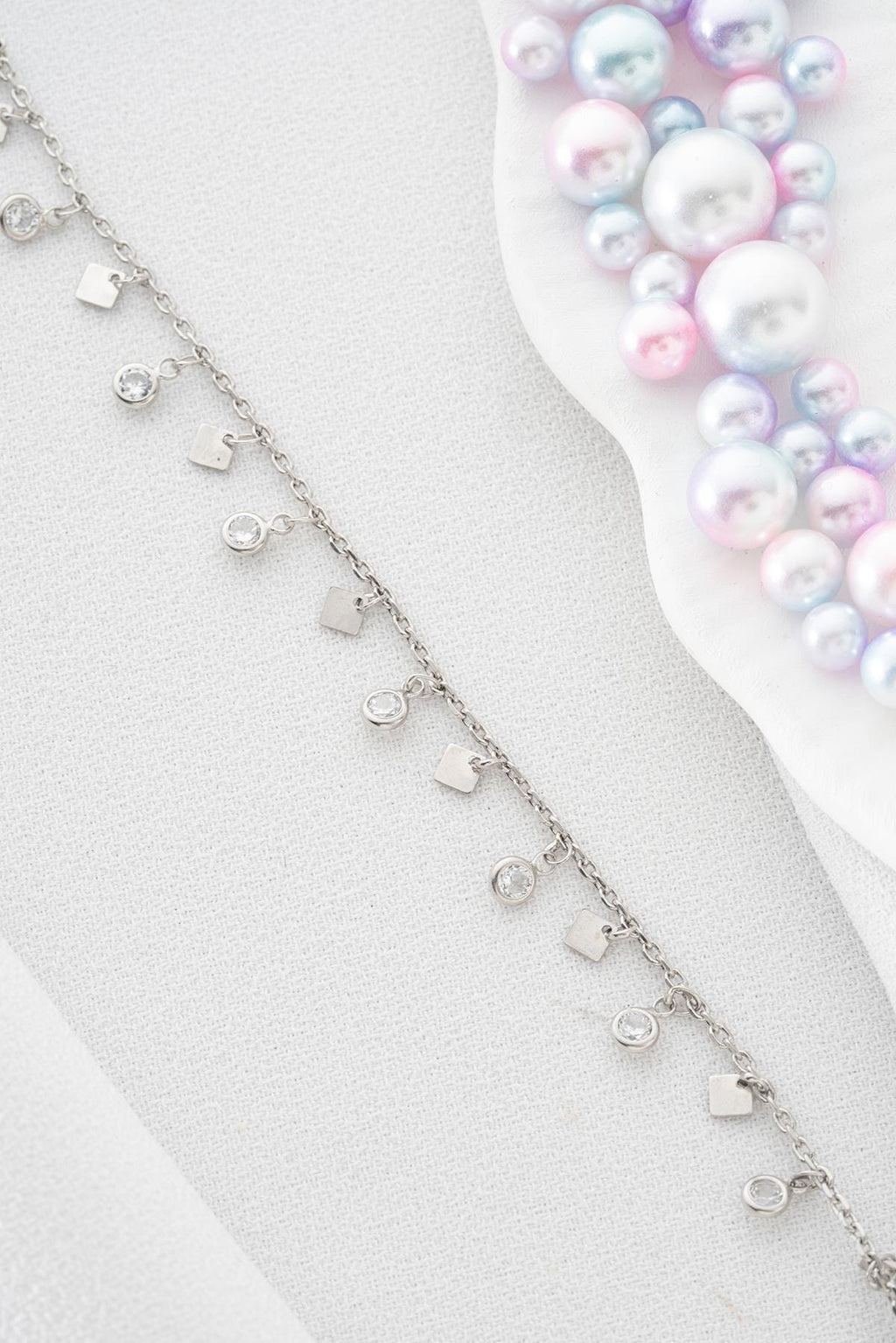 Zircon Anklet Silver 925 | Dainty Square Charm | Minimal Rhodium Jewelry | Summer Anklet Gift