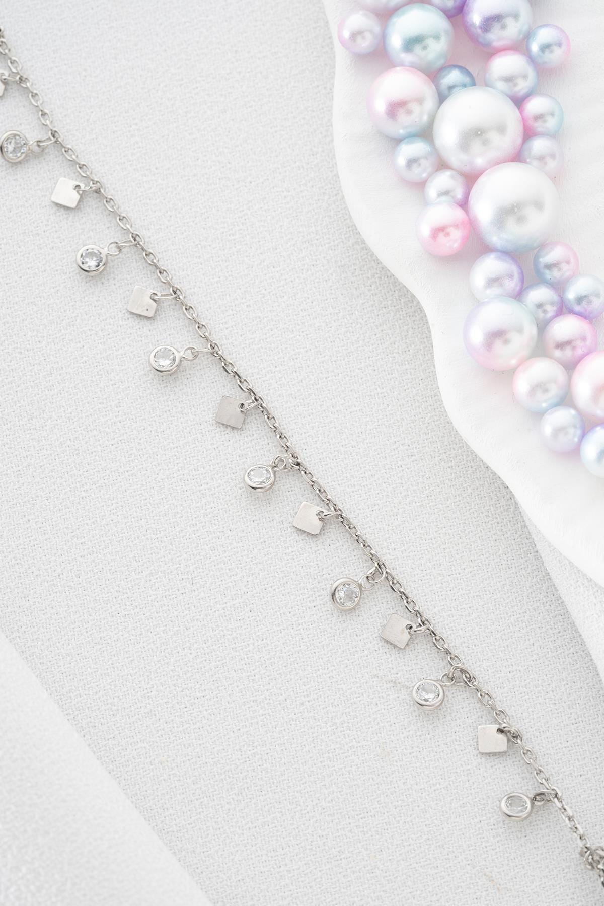 Zircon Anklet Silver 925 | Dainty Square Charm | Minimal Rhodium Jewelry | Summer Anklet Gift
