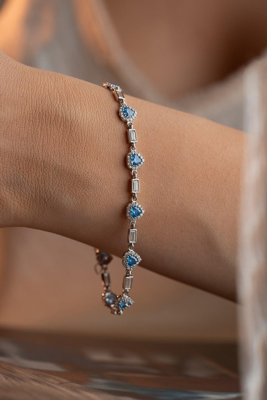 Aquamarine Heart Tennis Bracelet | Silver Zircon Bracelet | Dainty Jewelry Gift for Her