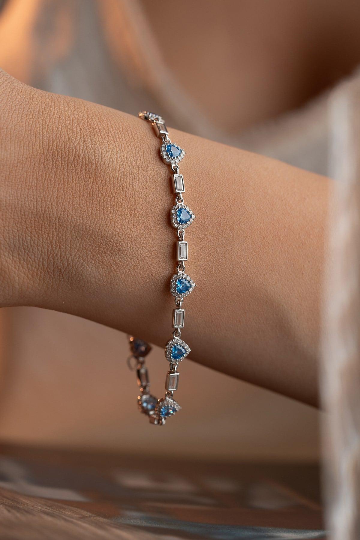 Aquamarine Heart Tennis Bracelet | Silver Zircon Bracelet | Dainty Jewelry Gift for Her